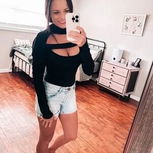 LPA Black Cutout Mock Neck Long Sleeve Bodysuit XS Revolve Night Out Edgy Chic